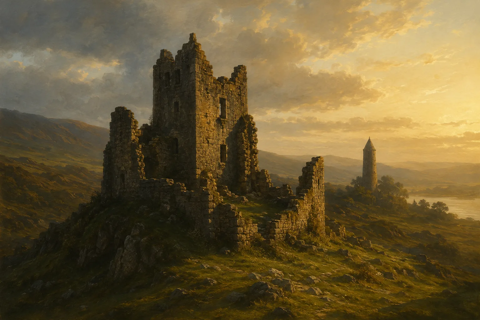 Paisagem irlandesa com ruinas de castelo de cla gaelico ao entardecer, ilustrando a origem dos sobrenomes irlandeses
