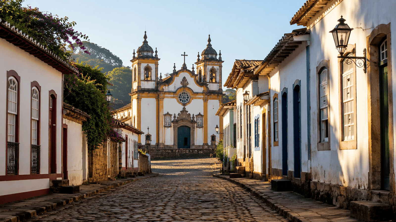 Rua de cidade colonial portuguesa no Brasil com casario colorido e igreja barroca ao fundo