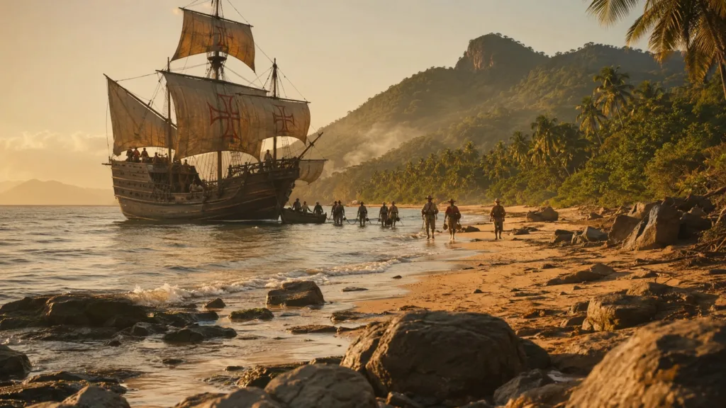 Caravela portuguesa chegando à costa do Brasil ao entardecer, com colonizadores desembarcando na praia