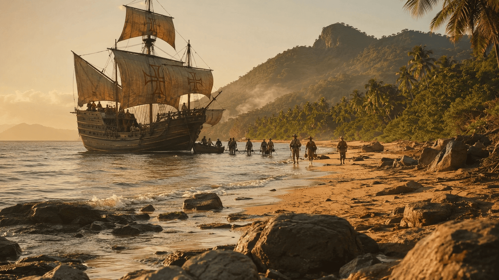 Caravela portuguesa chegando à costa do Brasil ao entardecer, com colonizadores desembarcando na praia