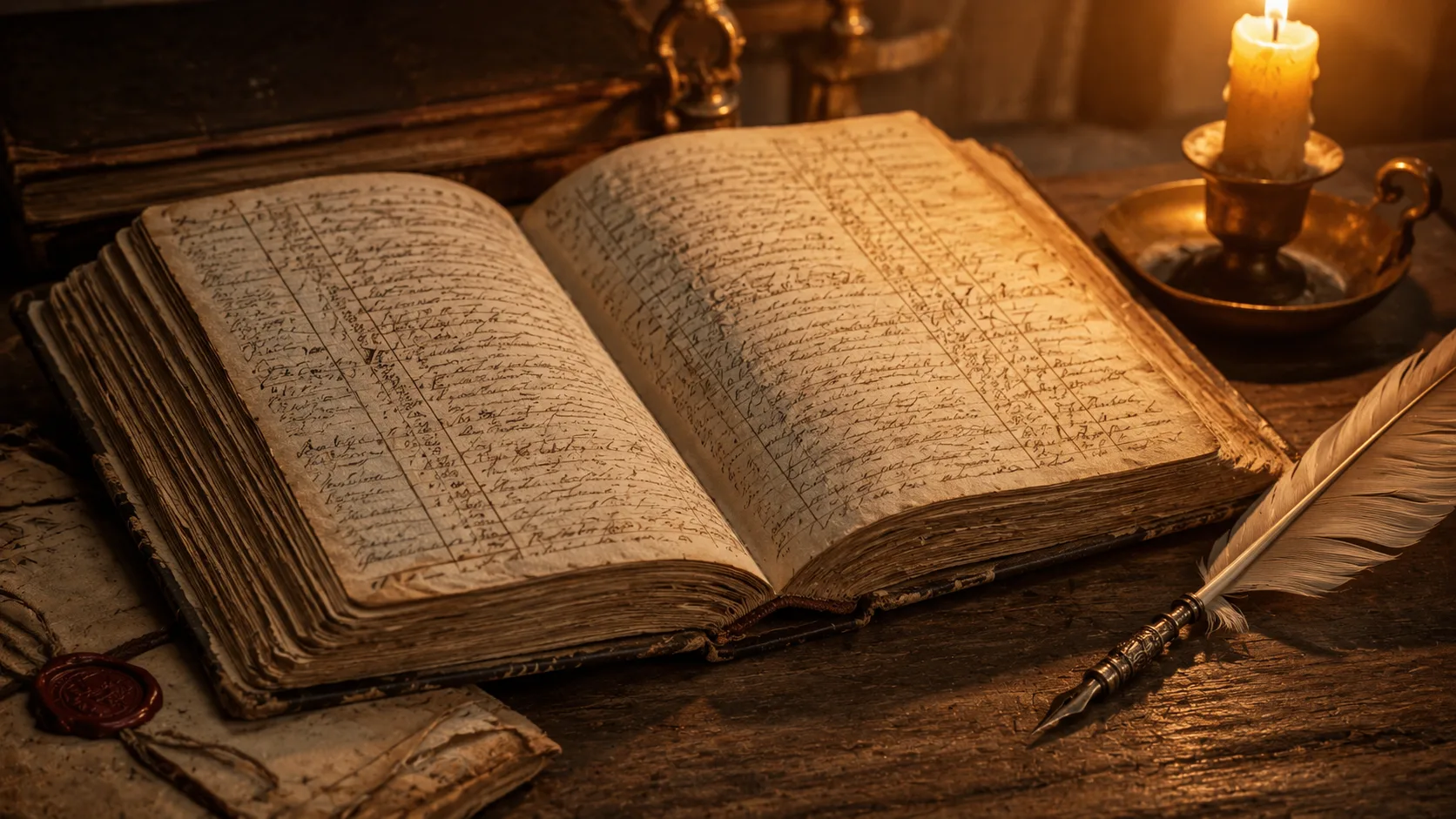 Livro de registro colonial antigo aberto sobre mesa de madeira, com pena de escrever, vela acesa e carta lacrada
