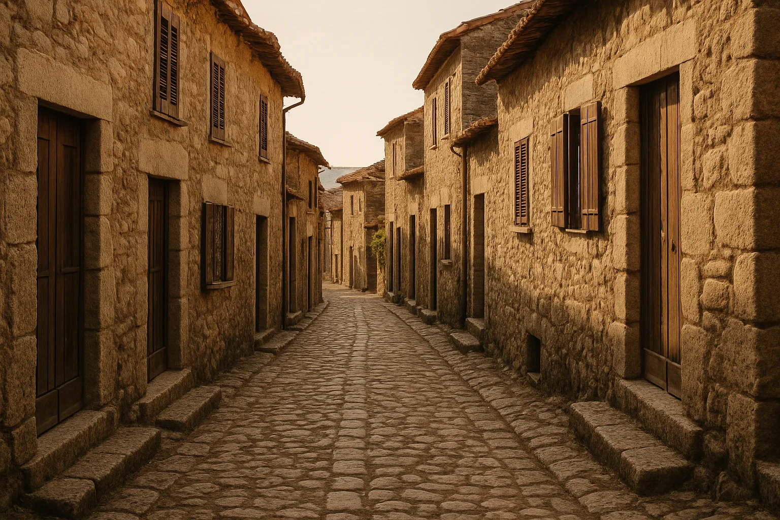 Rua estreita de vila europeia antiga com casas de pedra, representando sobrenomes toponímicos