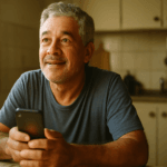 Homem brasileiro grisalho na cozinha segurando o celular com expressao esperancosa