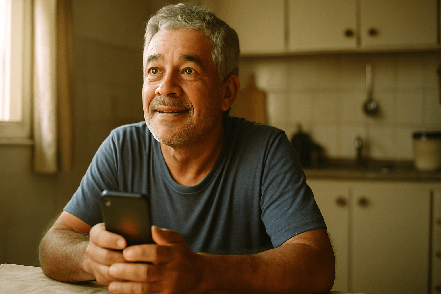 Homem brasileiro grisalho na cozinha segurando o celular com expressao esperancosa