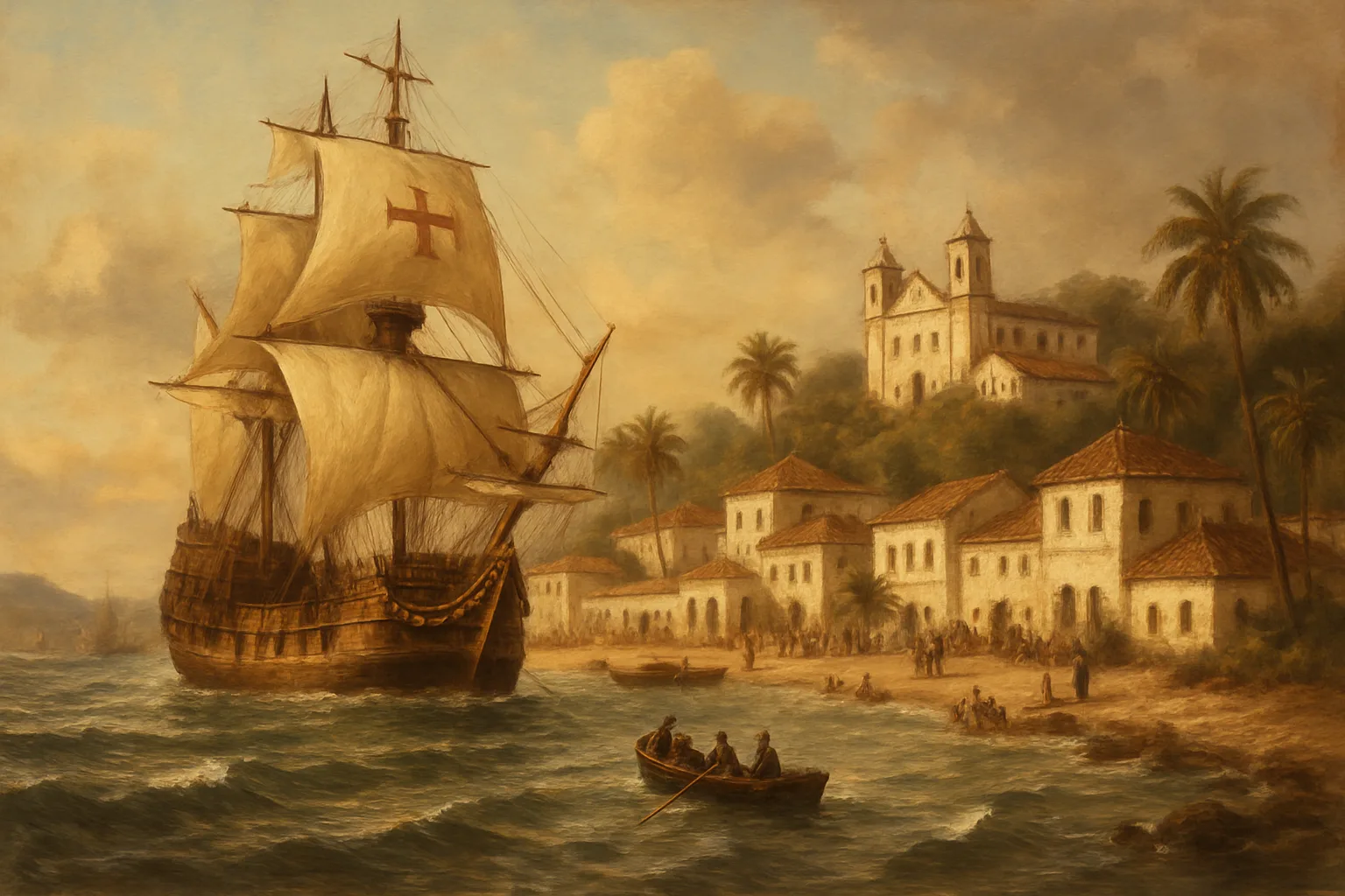 Ilustração histórica de navio português chegando a um porto colonial no Brasil, representando a chegada do sobrenome Vieira ao país