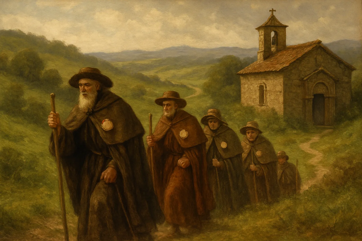 Ilustração histórica de peregrinos com conchas de vieira no Caminho de Santiago, origem simbólica do sobrenome Vieira