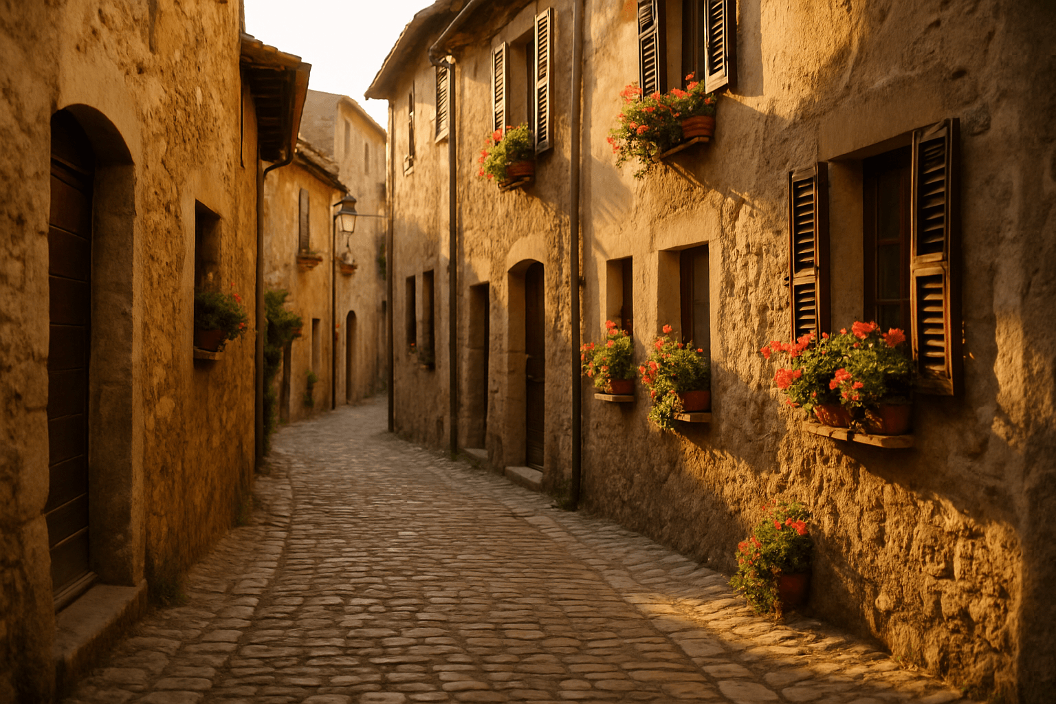 Rua antiga de uma vila europeia com casas de pedra ao entardecer, representando a terra dos antepassados