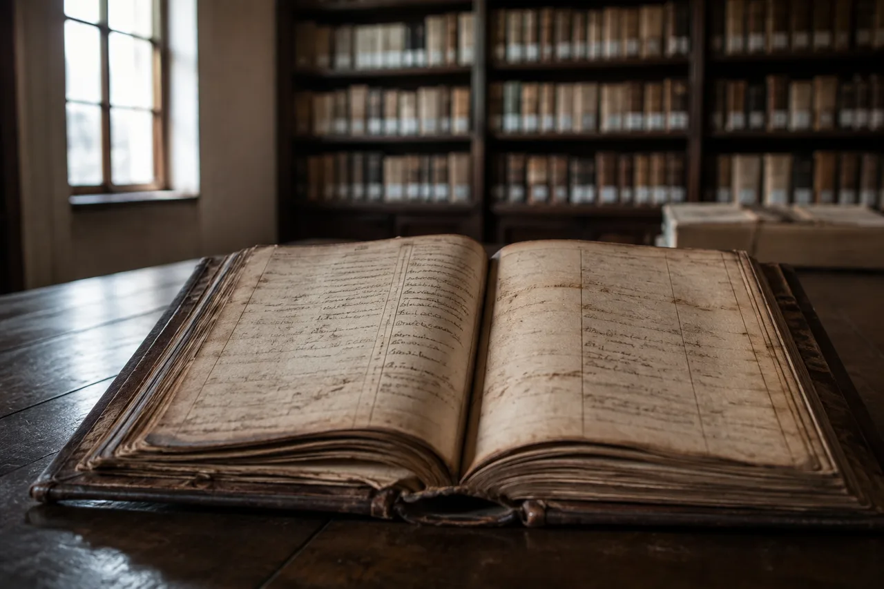 Livro de registro paroquial antigo aberto em arquivo histórico