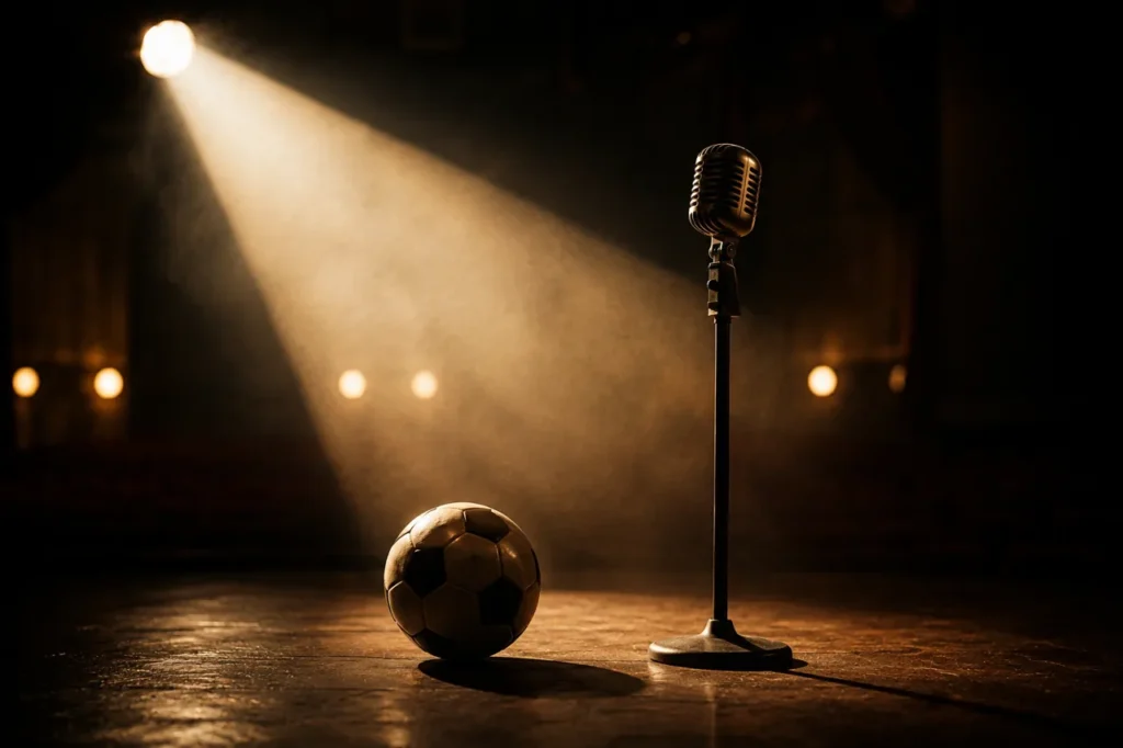 Holofote de palco com bola de futebol e microfone vintage, simbolizando fama e nome artistico