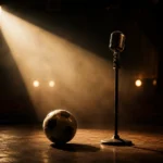 Holofote de palco com bola de futebol e microfone vintage, simbolizando fama e nome artistico