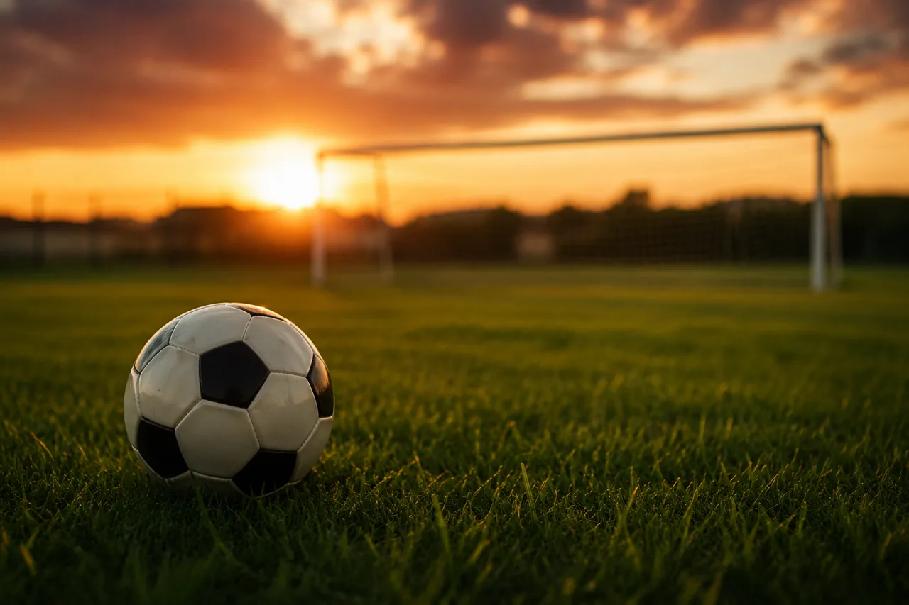 Campo de futebol genérico ao entardecer com bola na grama