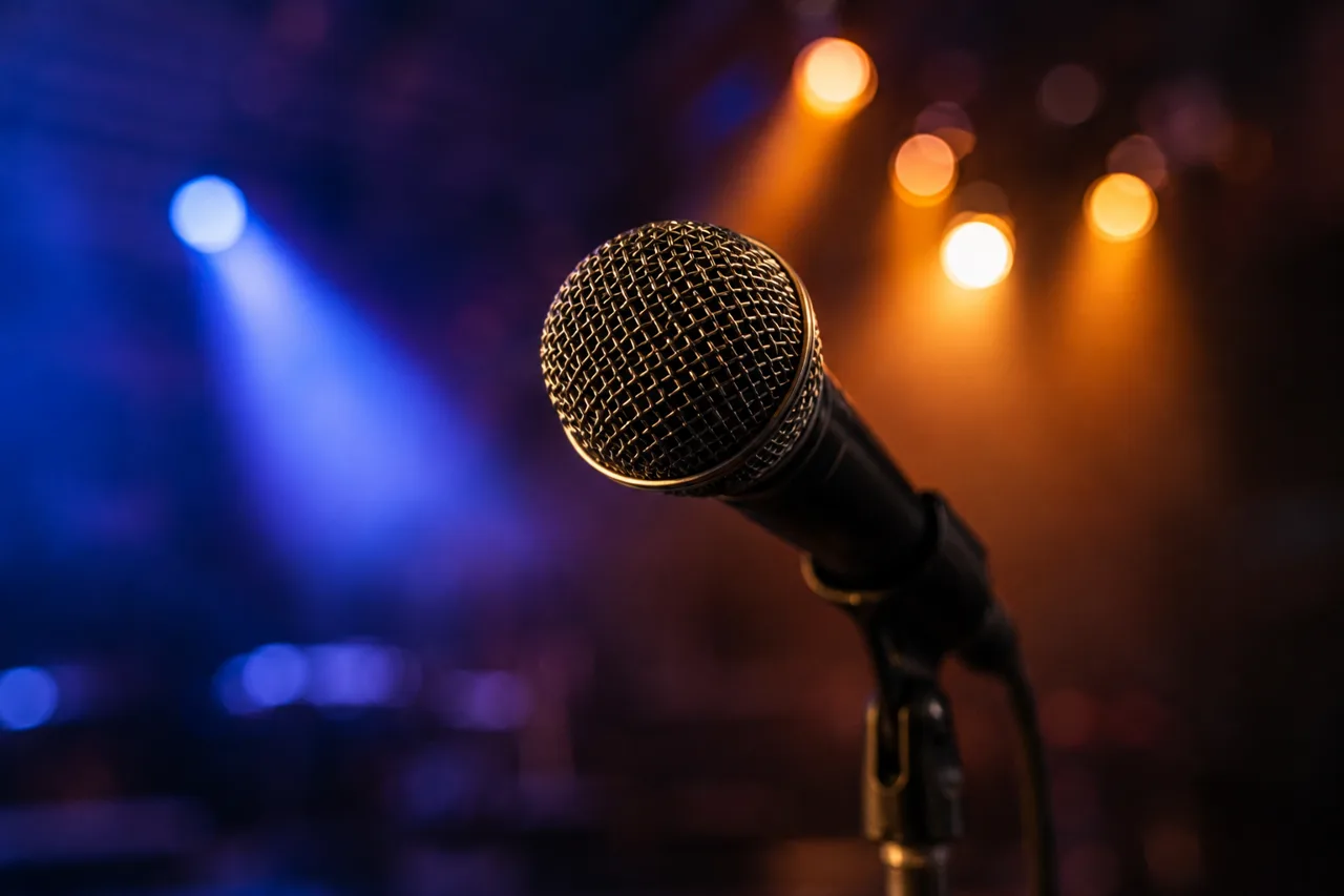Microfone de estúdio com luzes de palco coloridas desfocadas ao fundo