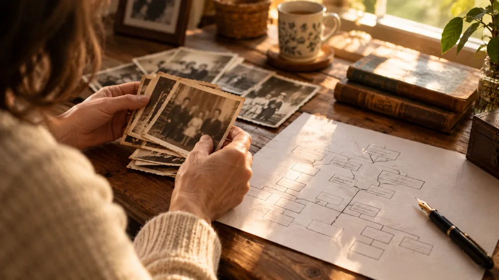 Pessoa organizando fotos antigas de família ao lado de uma folha de árvore genealógica em preenchimento sobre mesa de madeira