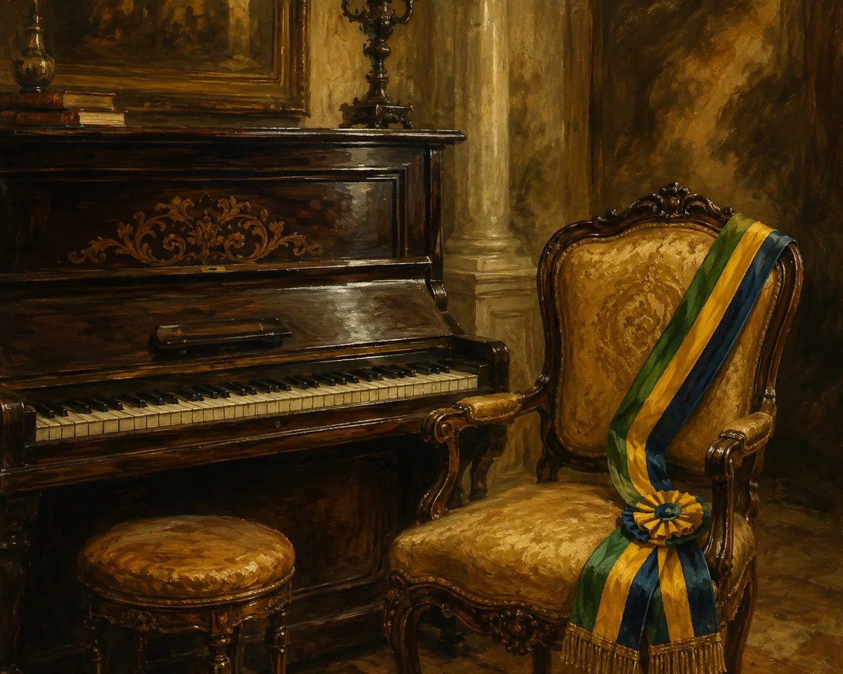 Piano antigo e faixa presidencial estilizada lado a lado, simbolizando música e política associadas ao sobrenome Cardoso