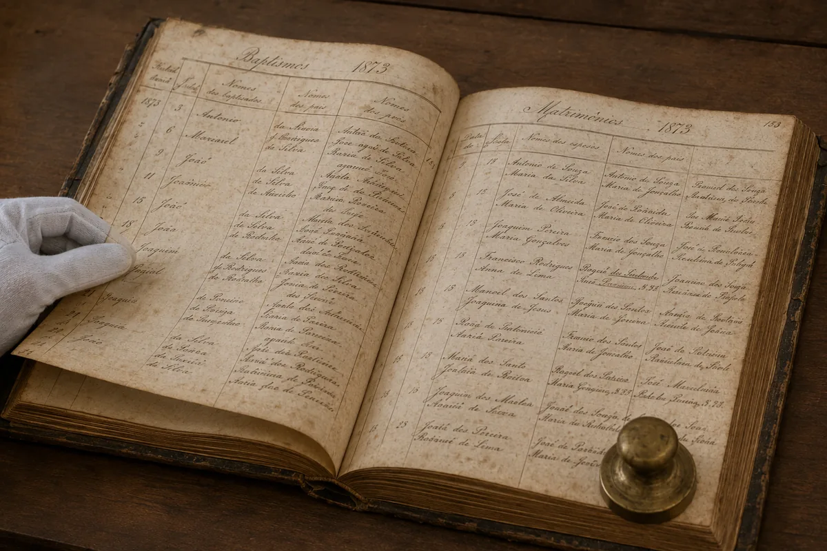 Como usar o FamilySearch: tela de busca em Registros com os campos de nome, tipo de evento, local e intervalo de anos preenchidos para uma pesquisa no Brasil