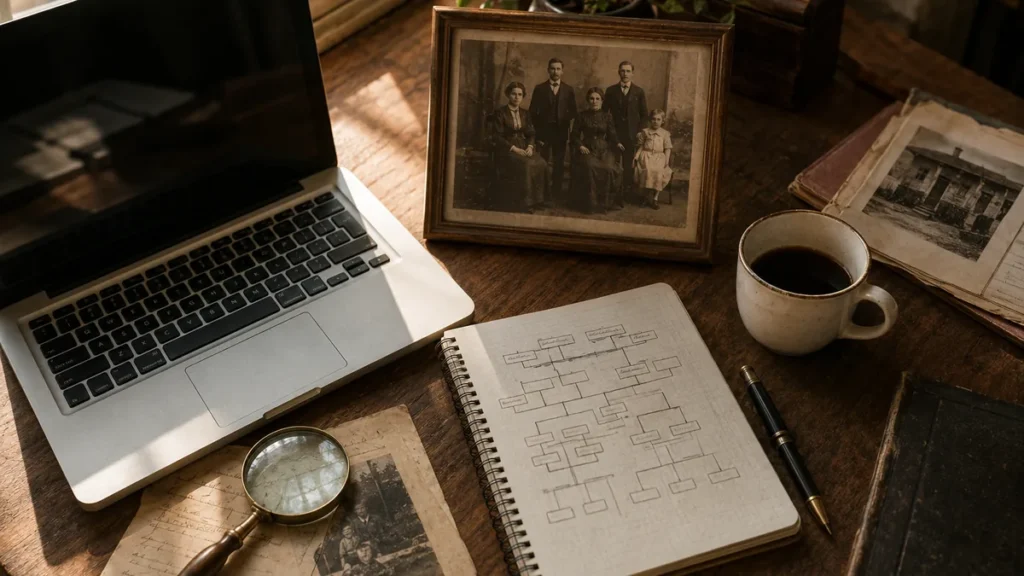 Como usar o FamilySearch: mesa de pesquisa genealógica com laptop, foto antiga de família e árvore desenhada à mão