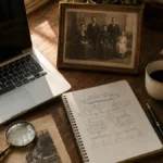 Como usar o FamilySearch: mesa de pesquisa genealógica com laptop, foto antiga de família e árvore desenhada à mão