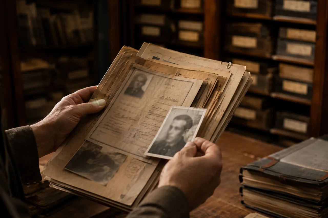 Maos folheando dossie antigo de passaporte em arquivo historico