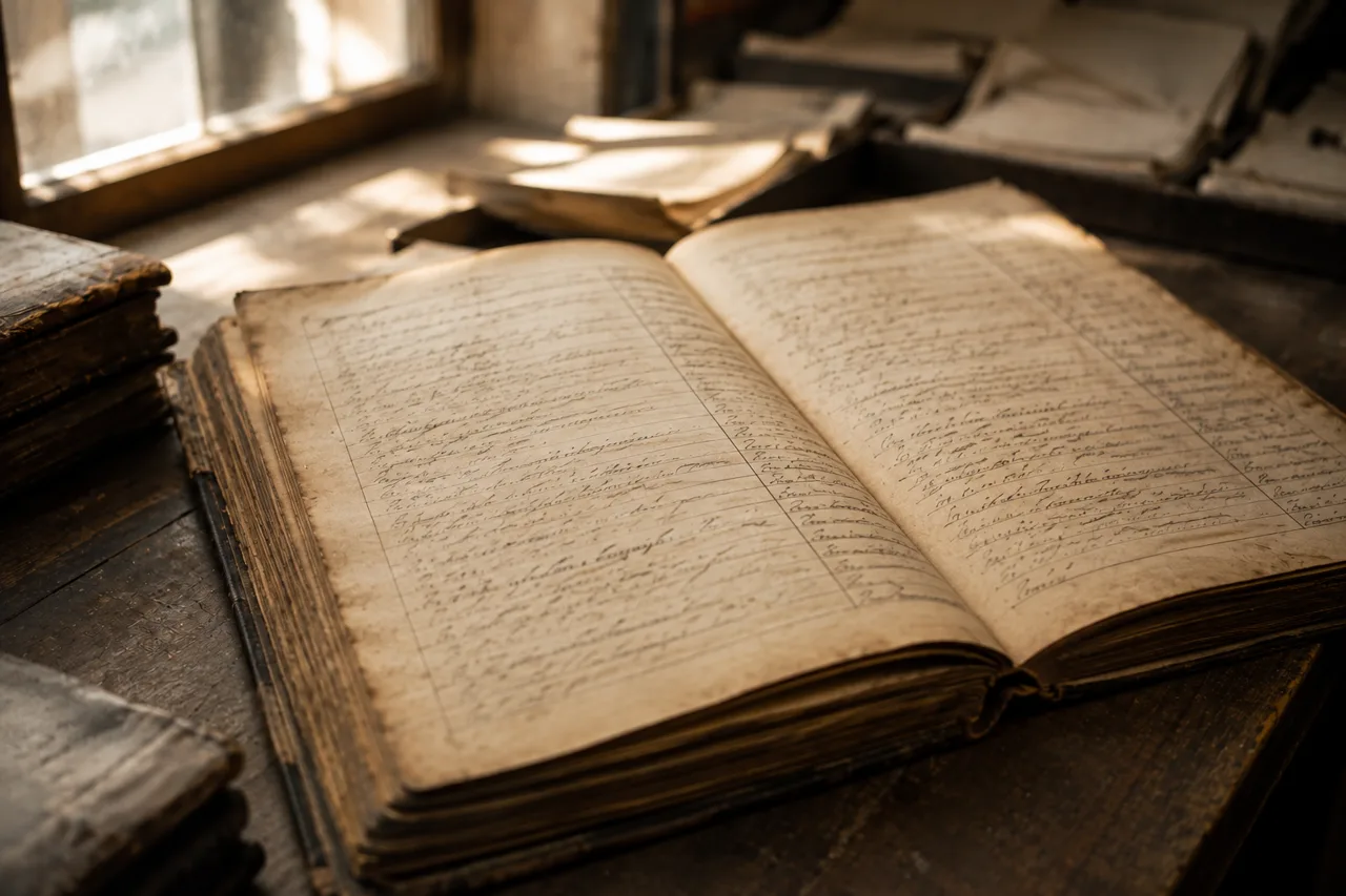Livro antigo de registro civil espanhol aberto sobre mesa de arquivo historico