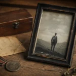 Foto antiga emoldurada ao lado de objetos de familia como carta e medalha