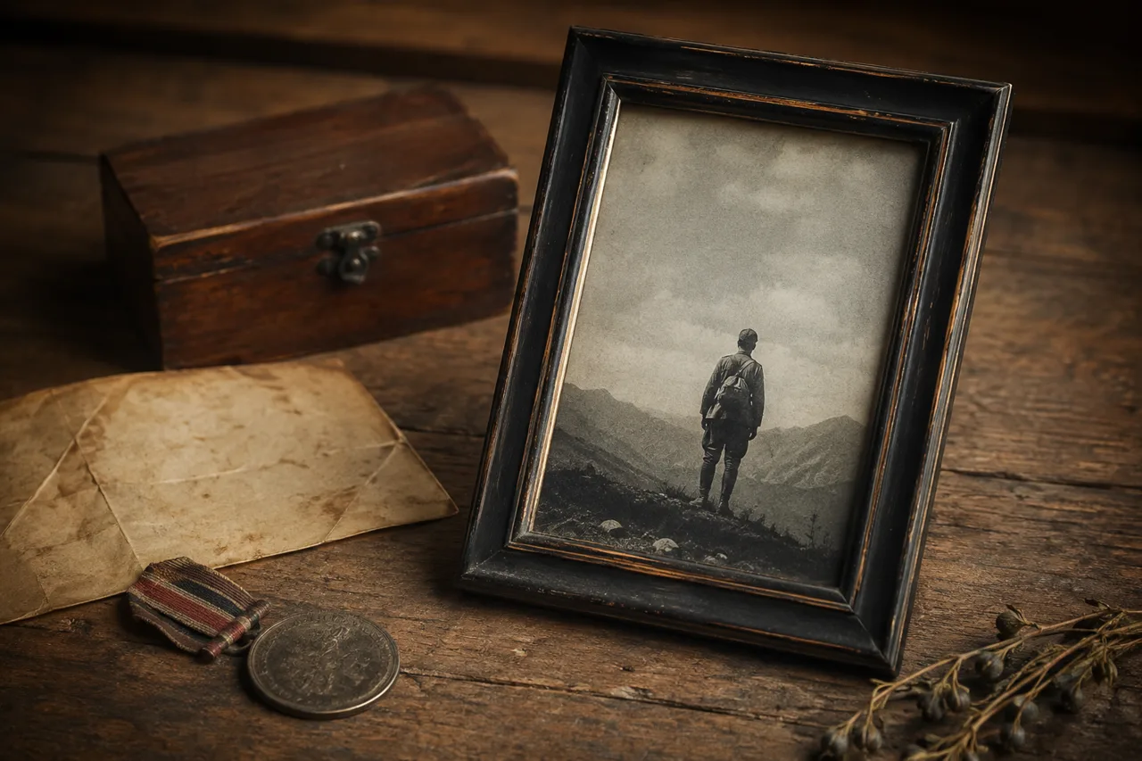 Foto antiga emoldurada ao lado de objetos de familia como carta e medalha