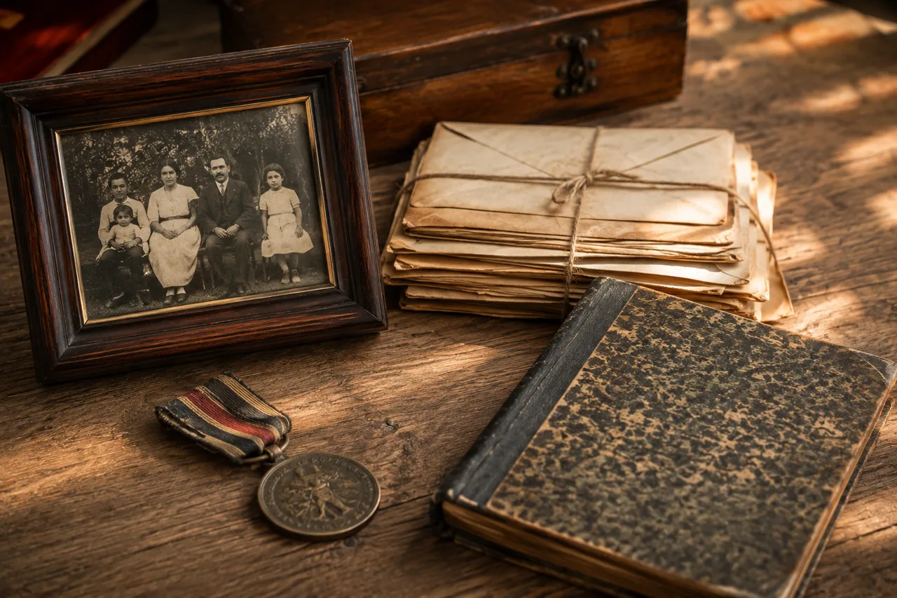 Mesa com objetos antigos de família: foto emoldurada, medalha, cartas e caderneta escolar