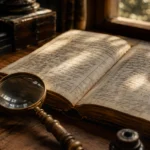 Registro paroquial antigo com lupa sobre mesa de madeira