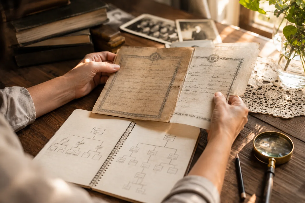 Mãos comparando duas certidões antigas ao lado de árvore genealógica desenhada à mão