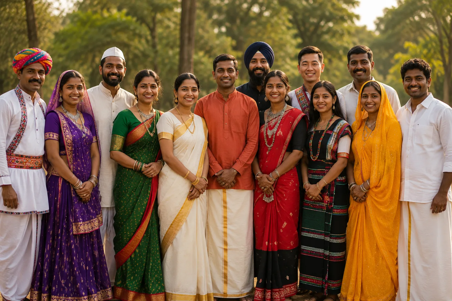 Grupo de pessoas indianas de diferentes regiões vestindo trajes tradicionais distintos, representando a diversidade regional dos sobrenomes indianos