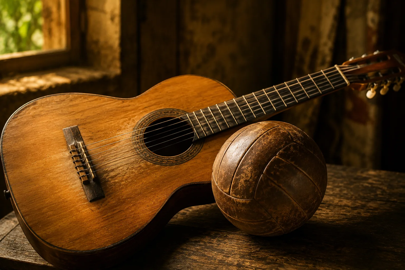 Violão e bola de futebol vintage lado a lado, simbolizando a música e o futebol brasileiros associados ao sobrenome Lopes