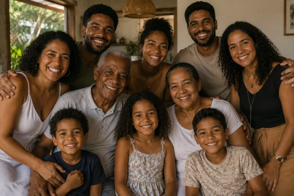 Família brasileira multigeracional reunida em casa, representando a tradição do sobrenome Mendes no Brasil