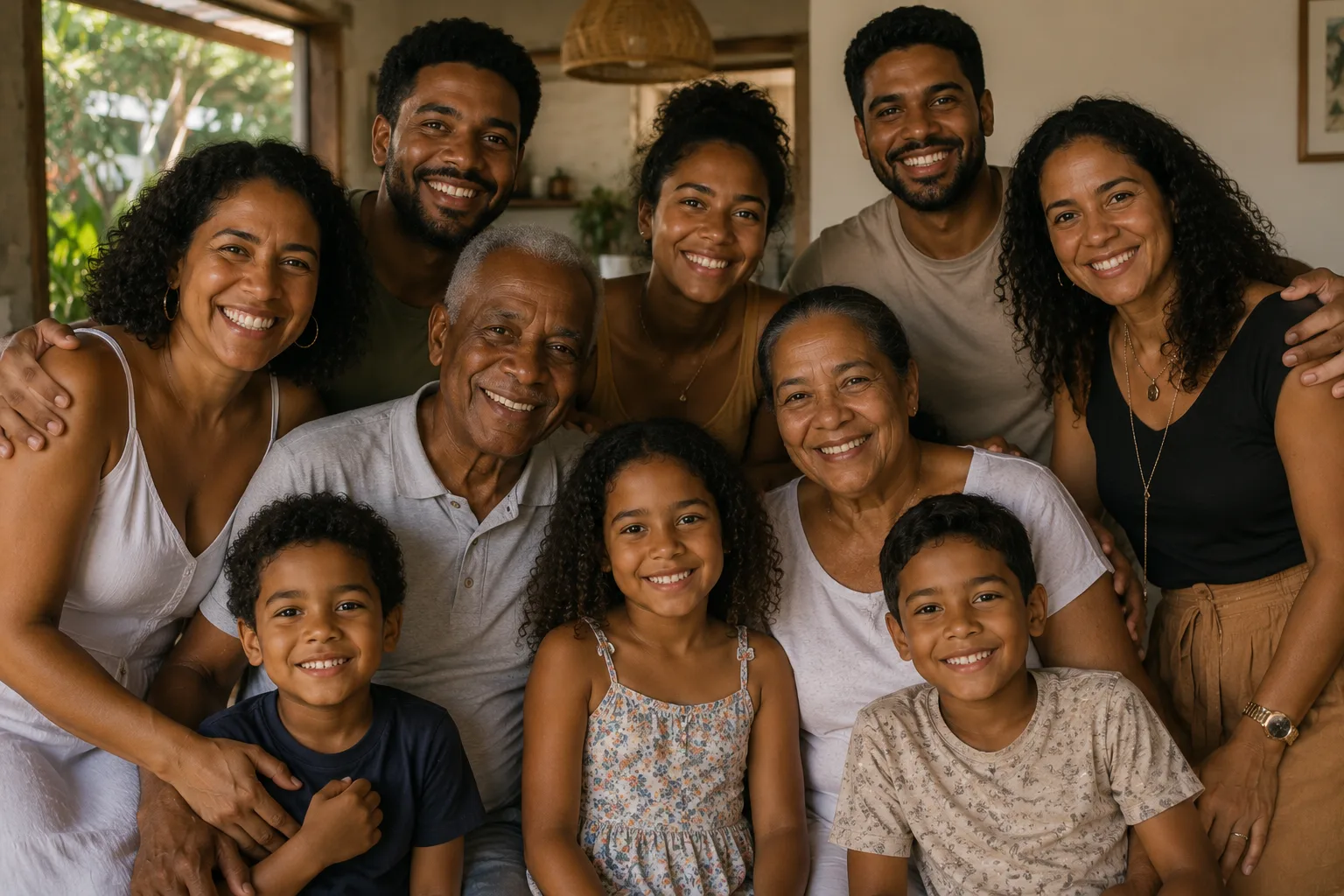 Família brasileira multigeracional reunida em casa, representando a tradição do sobrenome Mendes no Brasil