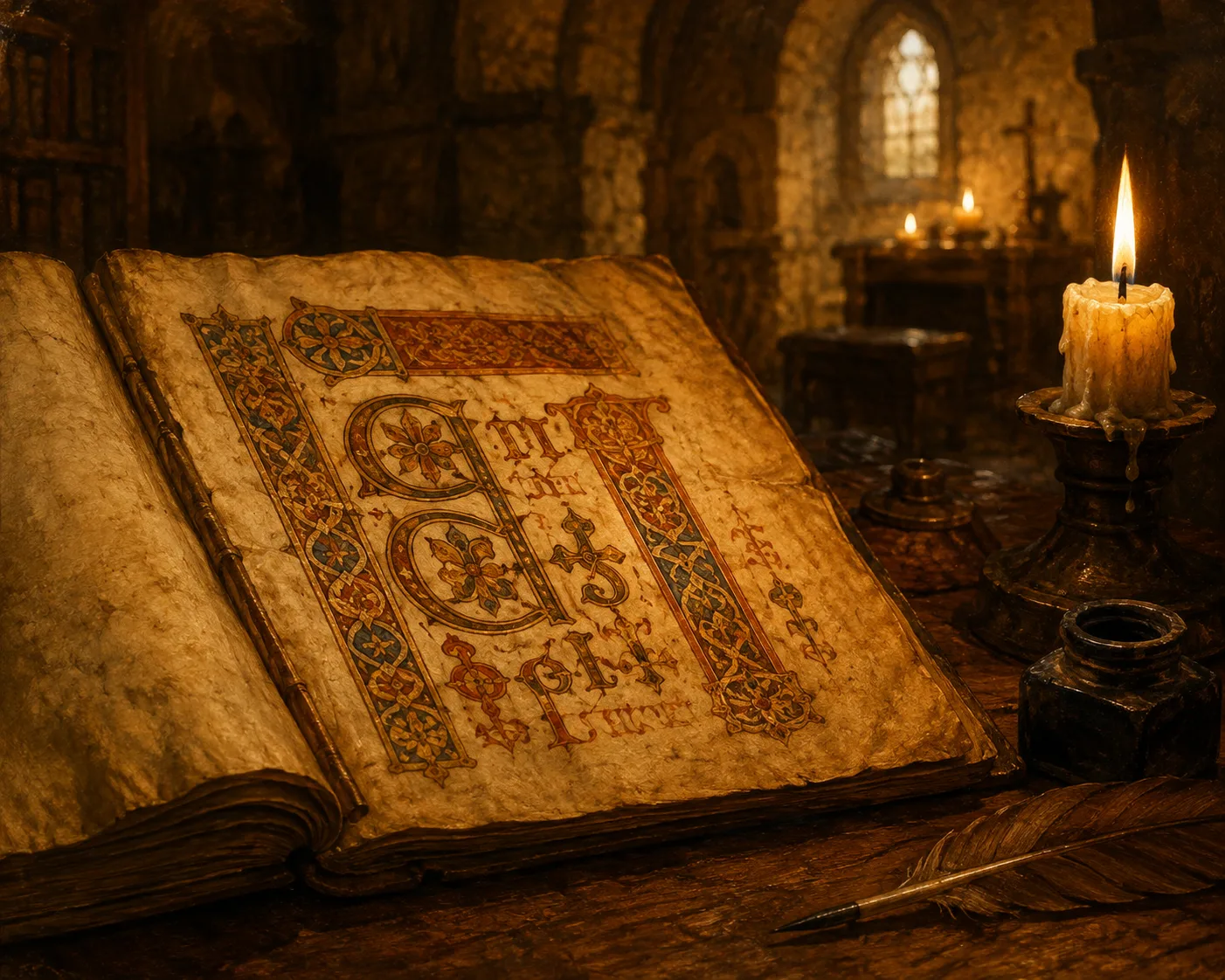 Manuscrito iluminado medieval com caligrafia ornamental, simbolizando a origem visigótica do nome Mendo, raiz do sobrenome Mendes