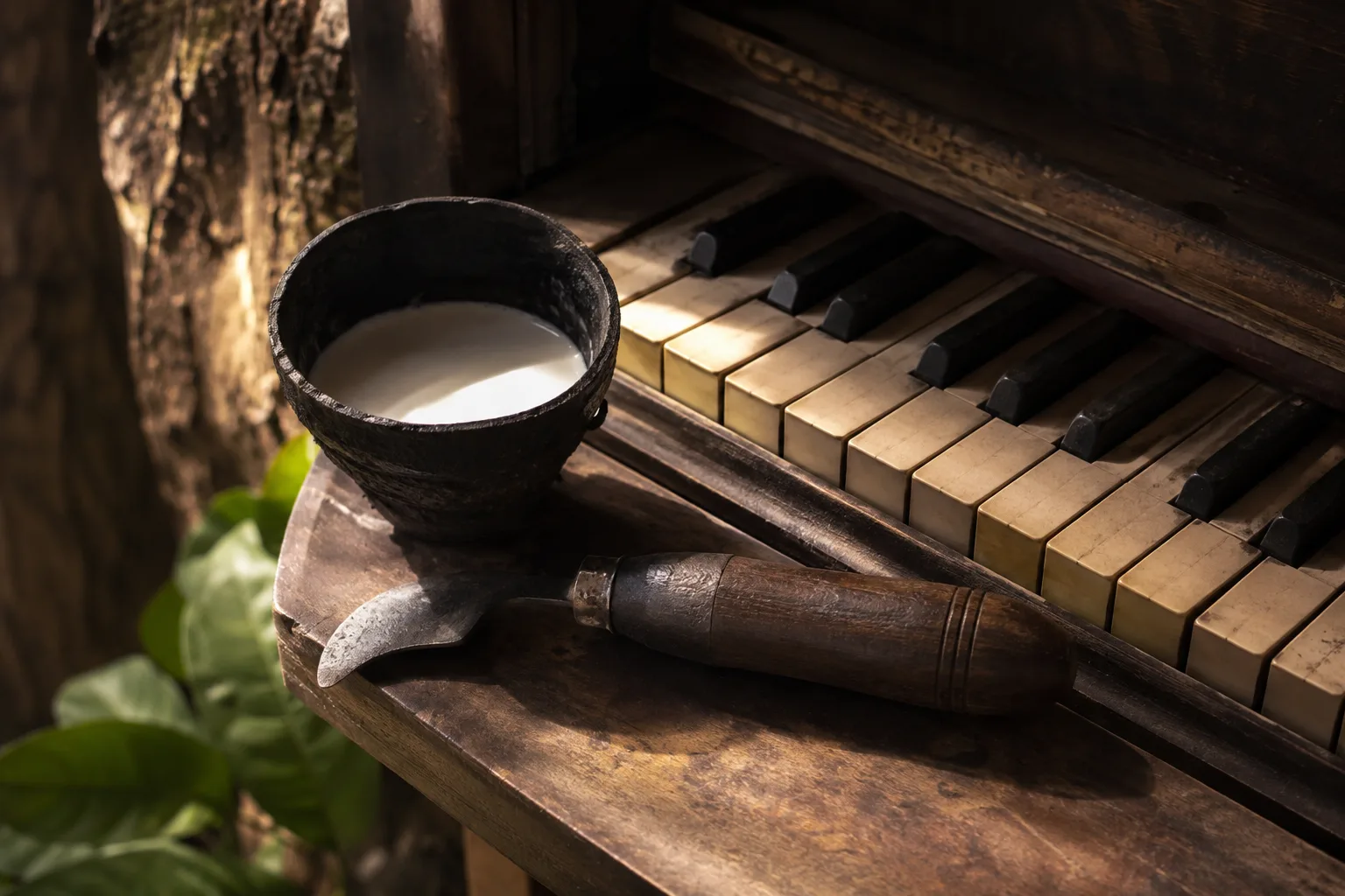 Faca e tigela de seringueiro ao lado de teclas de piano antigo, simbolizando Chico Mendes e Sergio Mendes, personalidades brasileiras com o sobrenome Mendes