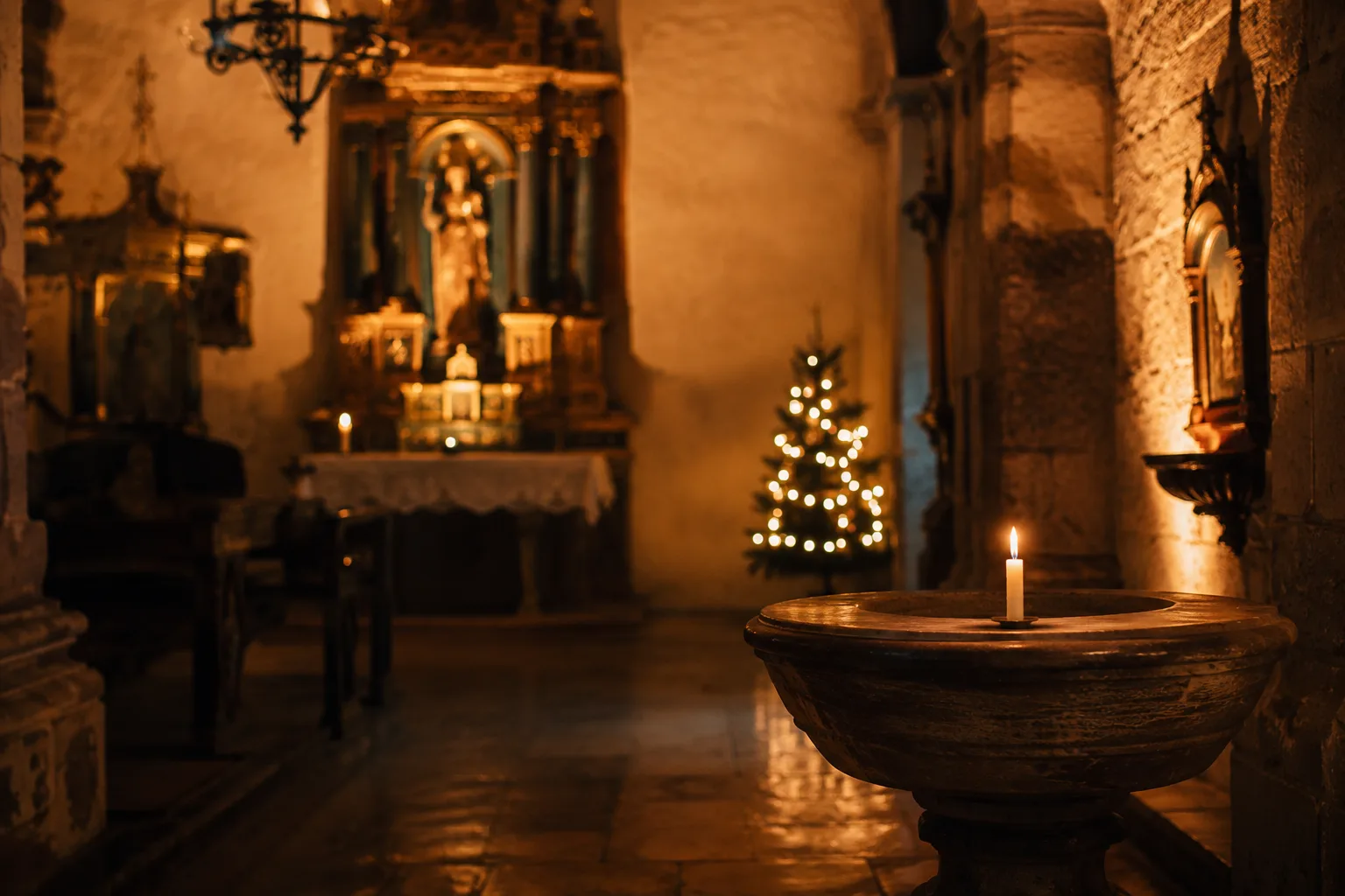 Interior de igreja colonial iluminada por velas, simbolizando a origem devocional do sobrenome Nascimento