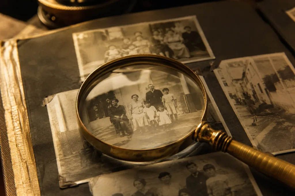Lupa antiga sobre álbum de fotografias de família em preto e branco, simbolizando a busca pela origem do sobrenome