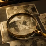 Lupa antiga sobre álbum de fotografias de família em preto e branco, simbolizando a busca pela origem do sobrenome