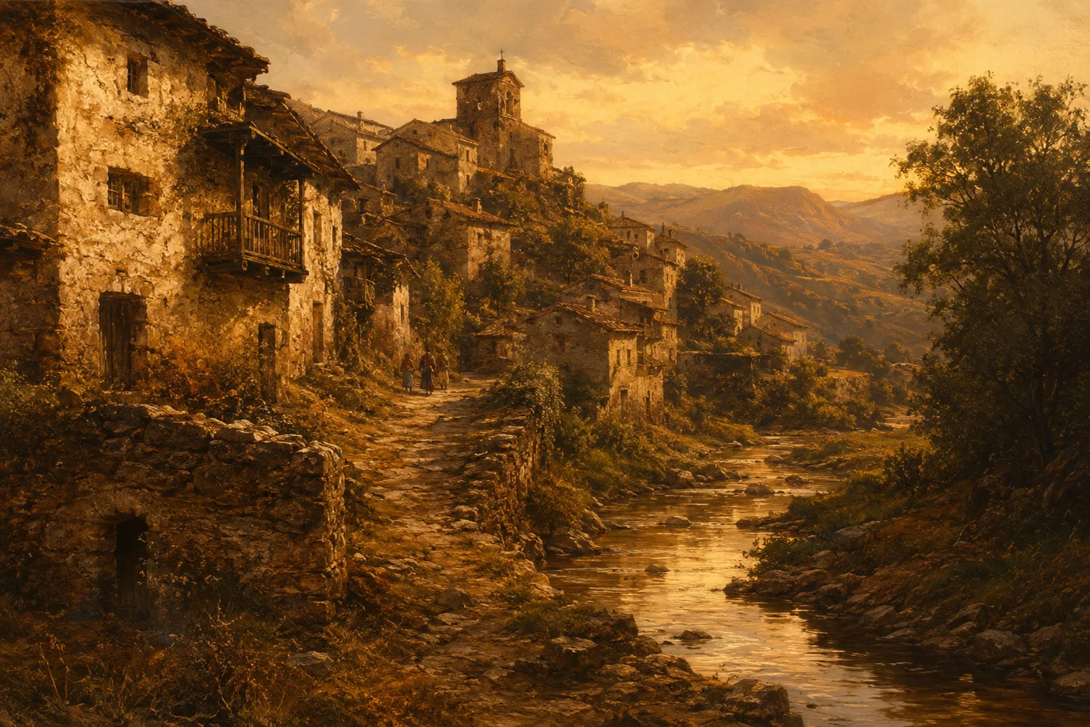 Vila medieval iberica junto a um pequeno riacho, ilustrando a origem toponimica do sobrenome Ribeiro