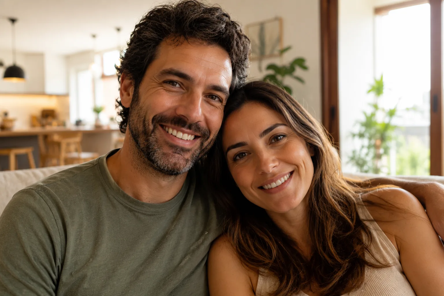 Casal sorridente em casa, representando a união estável e o direito de usar o sobrenome do companheiro
