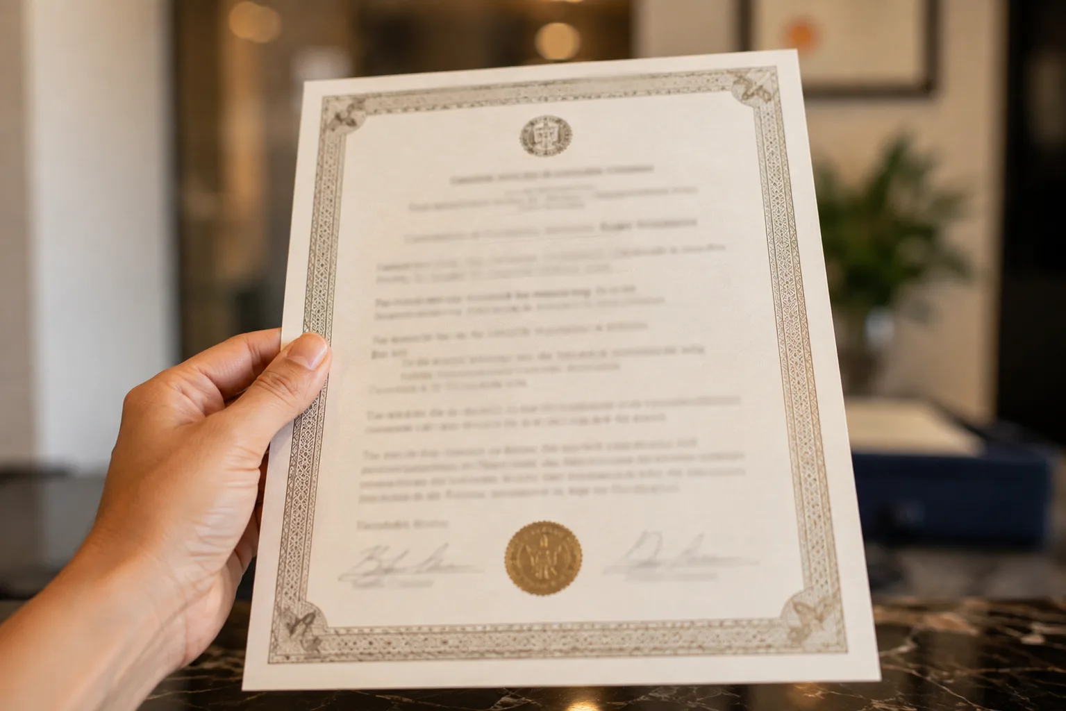 Mão segurando certidão de registro, representando o documento oficial da união estável