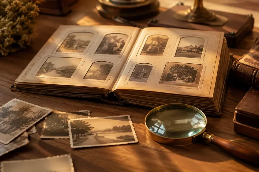 Álbum de fotografias antigas da família aberto sobre a mesa, ao lado de cartões-postais e uma lupa