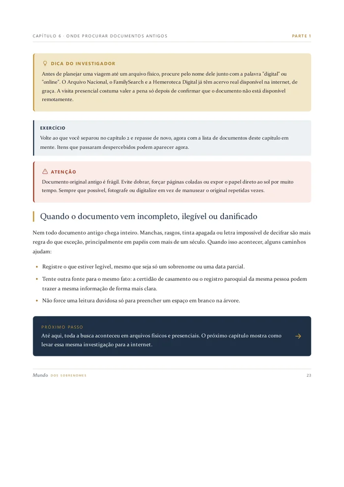 Página interna do e-book mostrando as caixas Dica do Investigador, Exercício e Atenção