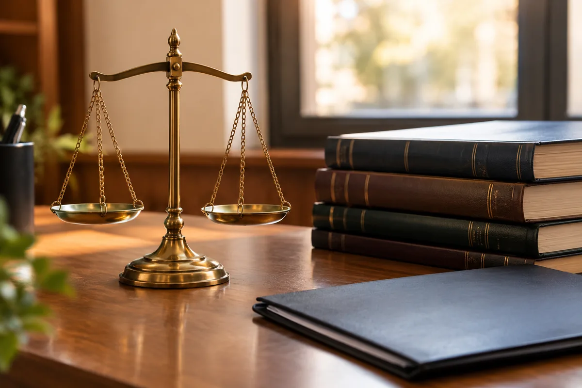 Balança da justiça em latão sobre uma escrivaninha de madeira ao lado de livros de registro civil e uma pasta de documentos fechada