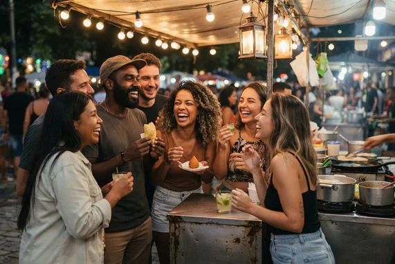 Grupo de amigos brasileiros rindo e se divertindo em barraca de comida de rua a noite