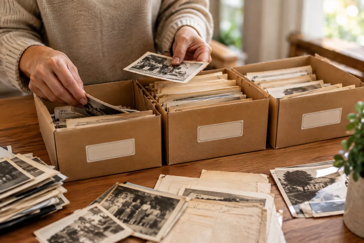 Mãos separando fotos e documentos de família antigos em três caixas de arquivo etiquetadas sobre uma mesa de madeira