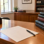 Balcão de madeira de um cartório de registro civil com um formulário em branco, uma caneta e uma pilha de livros de registro, luz natural de uma janela