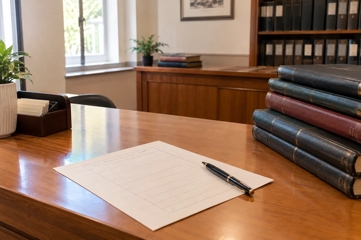 Balcão de madeira de um cartório de registro civil com um formulário em branco, uma caneta e uma pilha de livros de registro, luz natural de uma janela