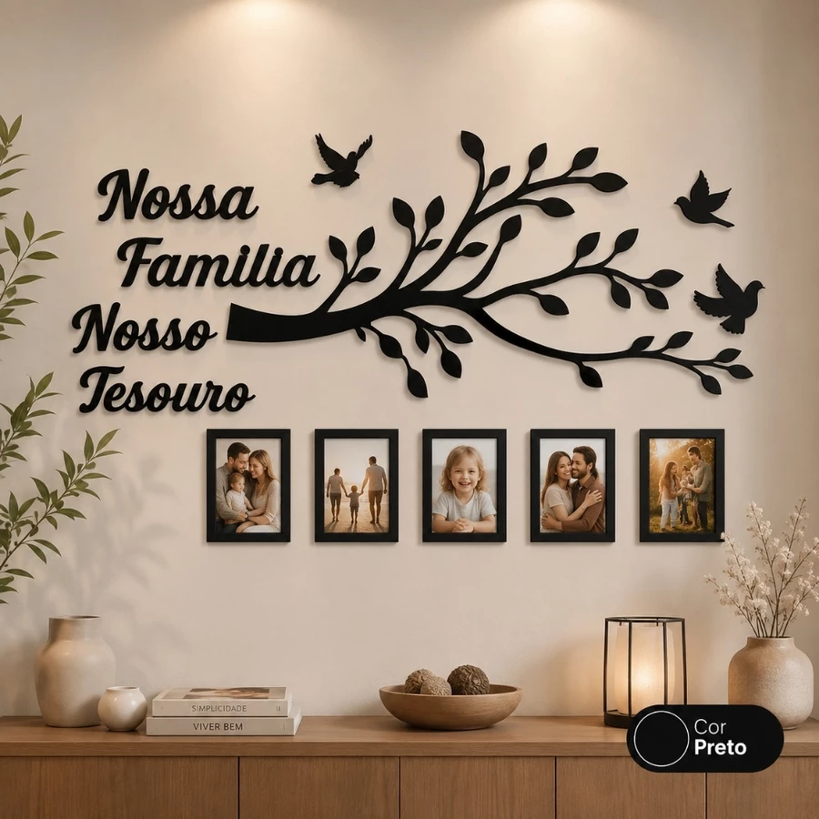 Porta-retrato decorativo em formato de árvore genealógica para parede, com 5 molduras para fotos de família