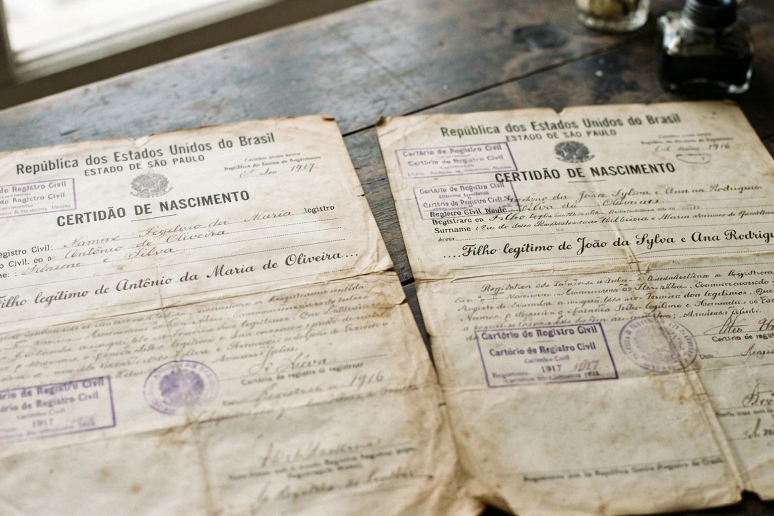 Duas certidões de nascimento antigas lado a lado, com grafias diferentes do mesmo sobrenome de família