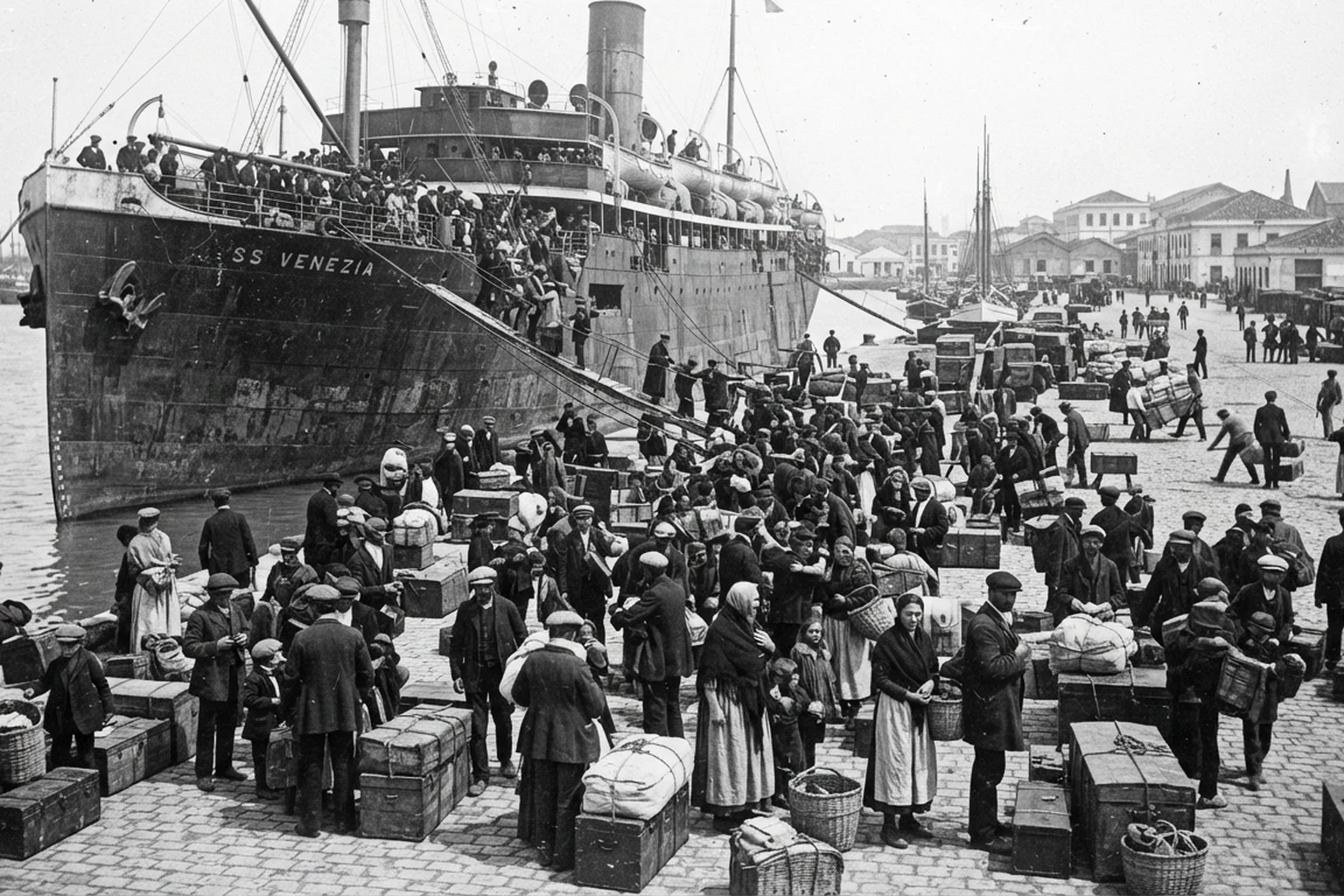 Navio de imigrantes chegando ao porto de Santos no início do século 20